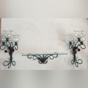 Vintage green metalwork tole red rose candleholders and shelf